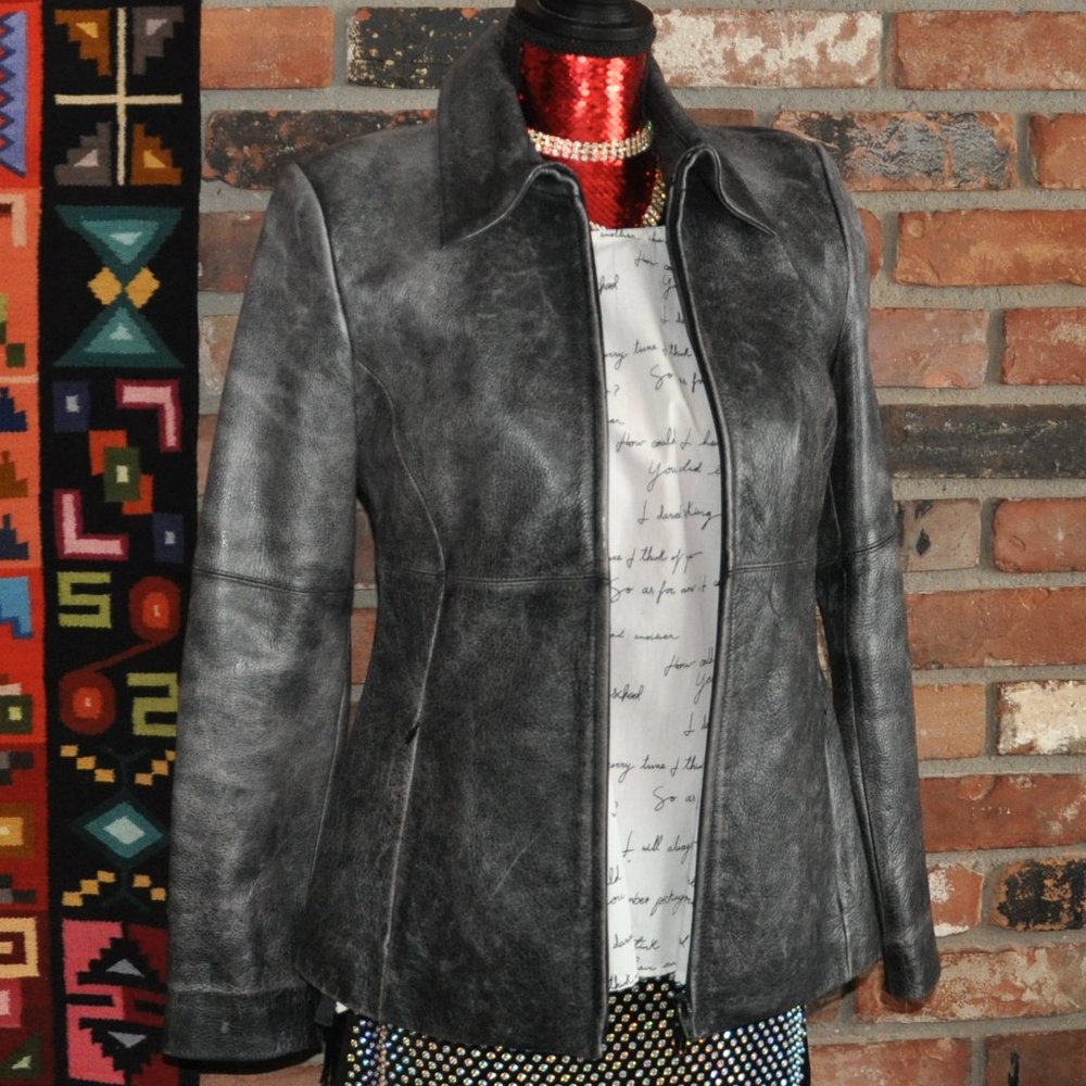 Vintage 90s Danier Tailored Grey Distressed Leather Coat Jacket P US 4-6